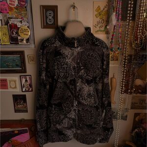 Velvet Floral Print Track Jacket Women's 3XL Gray Black Mock Neck Full Zip Up